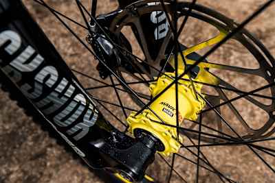 Close up of Mavic SSC hubs on Mark Wallace's Canyon Factory Racing team Sender MTB in Fort William