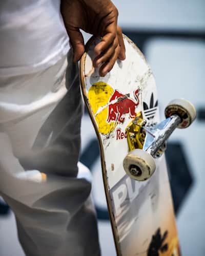 Detail of Felipe Gustavo's skateboard