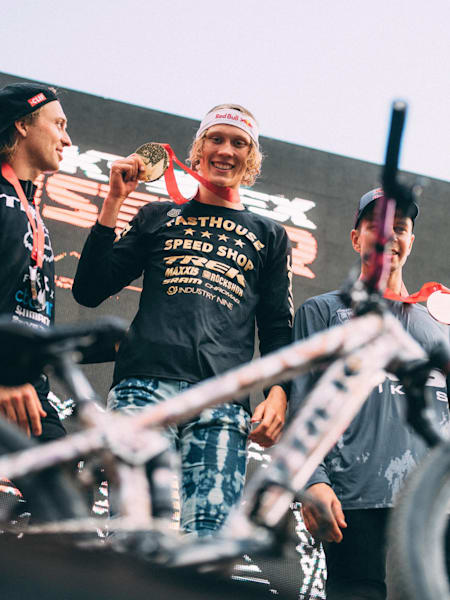 Emil Johansson, Brett Rheeder and Dawid Godziek podium at Red Bull Joyride in Whistler, British Columbia, Canada on 18 August, 2019.