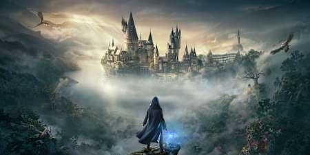 Artwork zu Hogwarts Legacy zeigt einen Magier, der auf das Schloss Hogwarts schaut. 