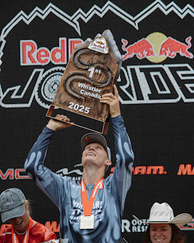 Emil Johansson with his gold medal at Crankworx Whistler BC Canada on Aug 17, 2025.