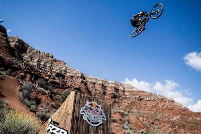 Graham Agassiz in action at the Red Bull Rampage 2014 MTB event.