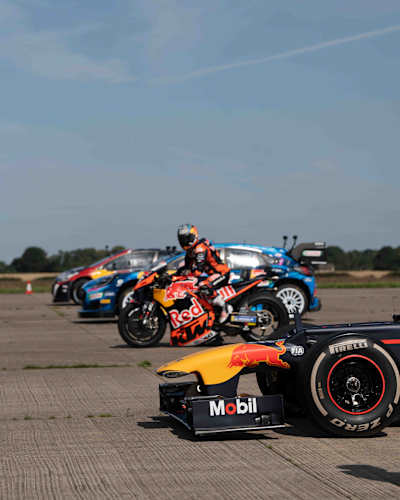 Romain Dumas, Timmy Hansen, Adrien Fourmaux, Dani Pedrosa and Liam Lawson seen during the shooting of The Ultimate Race on July 26, 2023 in United Kingdom.
