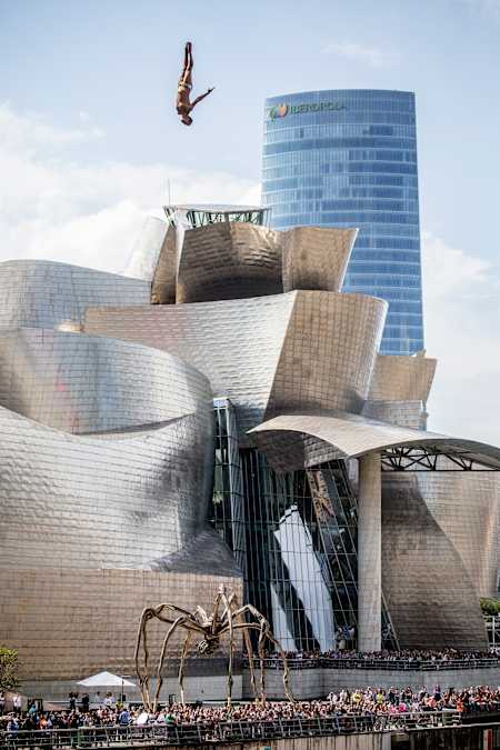 Jucelino Junior of Brazil dives from the 27.5 metre platform on La Salve bridge during the eighth and final stop of the Red Bull Cliff Diving World Series, Bilbao, Spain on September 26th 2015.