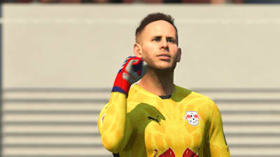 RB Leipzig goalkeeper Péter Gulácsi celebrates a goal in FC 25.