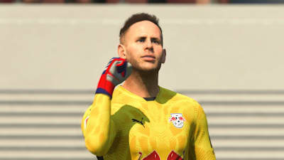 RB Leipzig goalkeeper Péter Gulácsi celebrates a goal in FC 25.