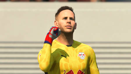 RB Leipzig goalkeeper Péter Gulácsi celebrates a goal in FC 25.