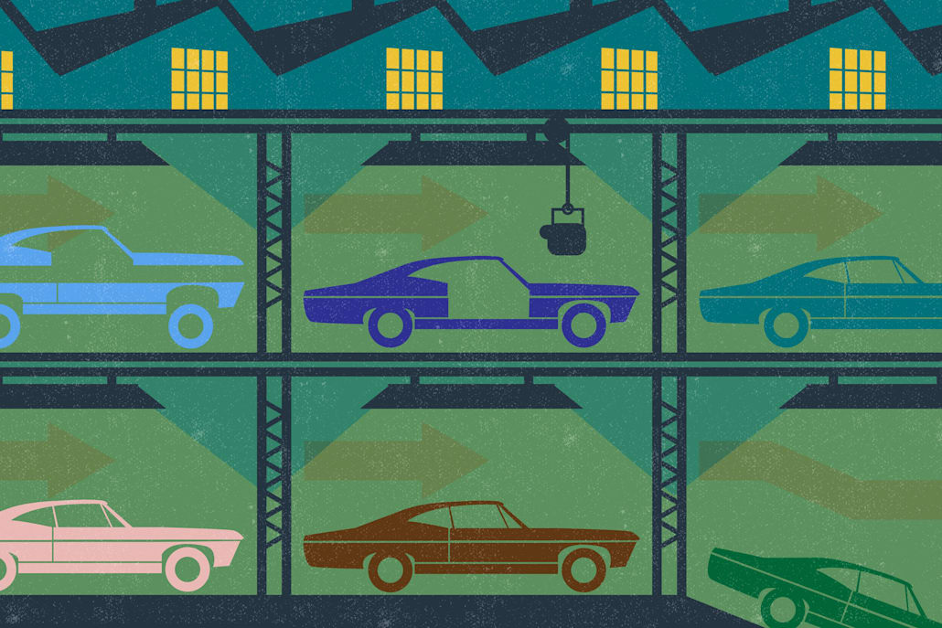 An illustration of cars rolling off a factory conveyor belt in Detroit.