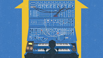 An illustration of a huge early analog synthesiser with lots of patch cables.