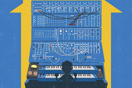 An illustration of a huge early analog synthesiser with lots of patch cables.