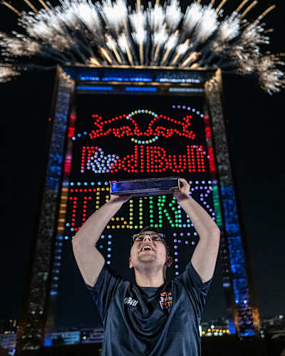 Fehmi Atalar of Türkiye celebrates at the Red Bull Tetris World Final in Dubai, UAE on December 13, 2025.