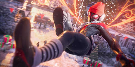 Screenshot aus Marvel’s Spider-Man: Miles Morales  für PC zeigt Spidey mit einer Wintermütze in der Luft