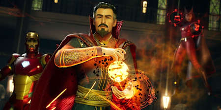 Screenshot aus Marvel's Midnight Suns zeigt Doctor Strange, Iron Man und Scarlet Witch 