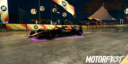 Screenshot from The Crew Motorfest shows the Oracle Red Bull Racing RB18 at night.