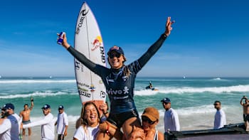 Molly Picklum celebrates her win at WSL Vivo Rio Pro at Saquarema, Brazil 2025