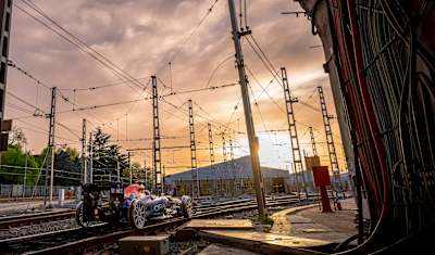Patrick Friesacher drives a Red Bull Racing Formula One car on railway tracks during the On Rails project in Madrid, Spain, on 10 April 2026