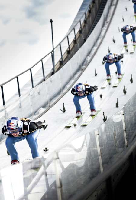 Adam Malysz performs a ski jump in Innsbruck, Germany in 2010 