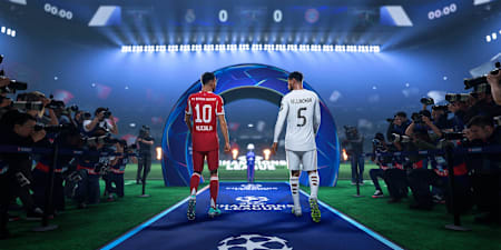Les joueurs s’apprêtent à entrer sur le terrain dans EA Sports FC 26, sous les flashs des photographes et les projecteurs de la Champions League.