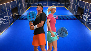 Artwork depicting two players and a padel court in the Red Bull Padel: Court Legends game.