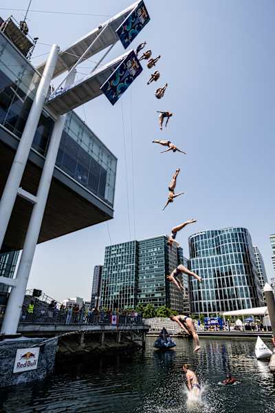 Molly Carlson of Canada dives from the 21 metre platform during the first stop of the Red Bull Cliff Diving World Series in Boston, USA on June 2, 2023