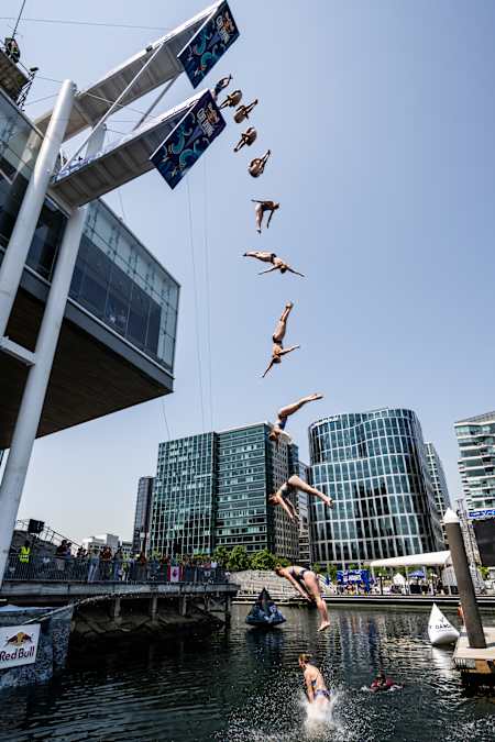 Molly Carlson of Canada dives from the 21 metre platform during the first stop of the Red Bull Cliff Diving World Series in Boston, USA on June 2, 2023