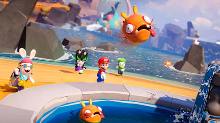 Screenshot aus Mario + Rabbids: Sparks of Hope zeigt Mario, Rabbid Luigi und Rebella beim Fangen von Fischen.