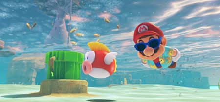 Mario schwimmt mit Sonnenbrille an einem Fisch vorbei