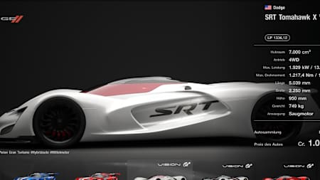 Screenshot from Gran Turismo 7 showing the Dodge SRT Tomahawk X VGT, the fastest car in the entire game. It reaches speeds of over 600km/h.