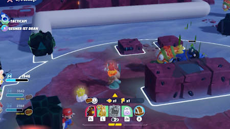 Screenshot aus Mario + Rabbids: Sparks of Hope zeigt Rabbid Rosalina und Mario im Kampf