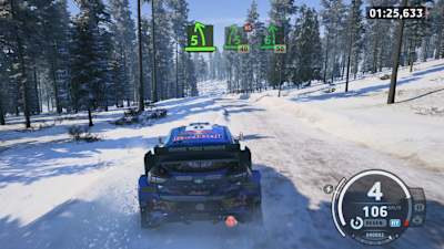 Screenshot from EA Sports WRC shows the Ford Puma1 in the snow at the Rally Sweden.