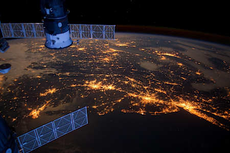 Nighttime photograph of the eastern coast of the United States.