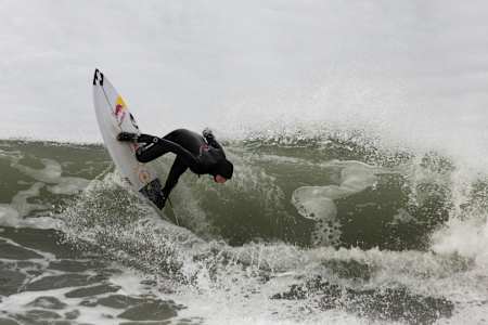 Canadian surfer Sanoa Olin in action in Tofino, BC, Canada.