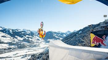 Austrian mountain biker Fabio Wibmer performs a back flip while going down the Streif in Kitzbuhel, Austria. 