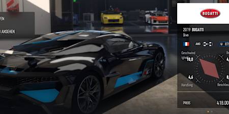 Captura de pantalla de Forza Motorsport que muestra el Bugatti Divo en el garaje.