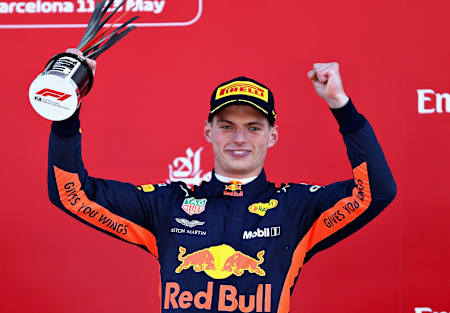 Third-place finisher Max Verstappen of Netherlands and Red Bull Racing celebrates on the podium during the Spanish Formula One Grand Prix at Circuit de Catalunya on May 13, 2018 in Montmelo, Spain.