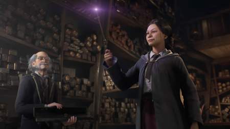 Screenshot aus Hogwarts Legacy zeigt eine weibliche Hexe bei der Benutzung eines Zauberstabs.