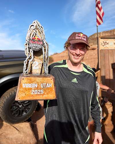 Thomas Genon celebrates his first Red Bull Rampage podium finish in 2025