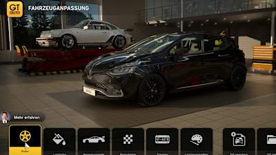 Screenshot aus Gran Turismo 7 zeigt einen Renault Clio beim optischen Tuning in GT Auto.