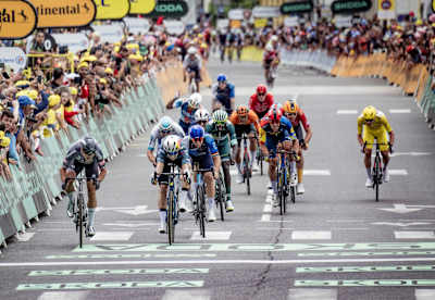 Wout Van Aert of Visma-Lease a Bike finishing second on Stage 13 of the 111th Tour de France on July 12, 2024.