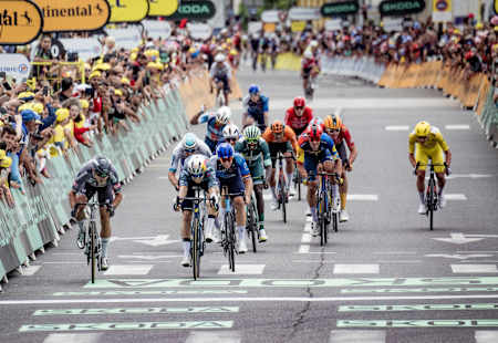 Wout Van Aert of Visma-Lease a Bike finishing second on Stage 13 of the 111th Tour de France on July 12, 2024.