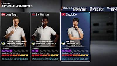 Screenshot from EA Sports WRC shows the selection of crew members in career mode.