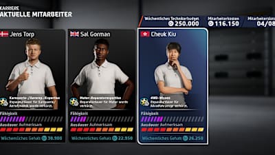 Screenshot from EA Sports WRC shows the selection of crew members in career mode.