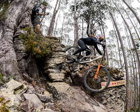 Gracey Hemstreet performs during practice at Red Bull Hardline in Maydena Bike Park,  Australia on February 20,  2024