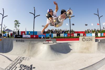 Jagger Eaton bones out a drifting blindside Ollie to fakie at the 2022 World Championships in Sharjah, UAE