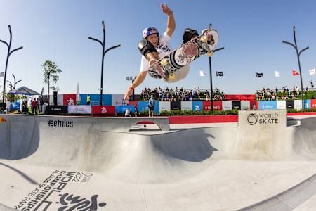 Jagger Eaton bones out a drifting blindside Ollie to fakie at the 2022 World Championships in Sharjah, UAE