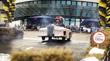 Participants perform during the Red Bull Soapbox Race in Valkenburg, The Netherlands on August 19, 2017.