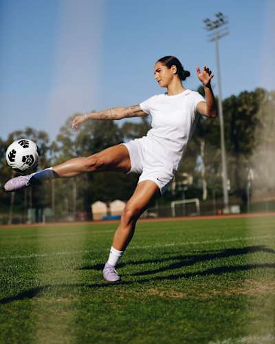 Deyna Castellanos shoots a soccer ball in Los Angeles, California 