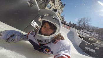 Dom Granger on the Red Bull Crashed Ice Ottawa course, lying down just after falling.