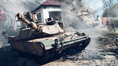A tank advances amid explosions in Battlefield 6.