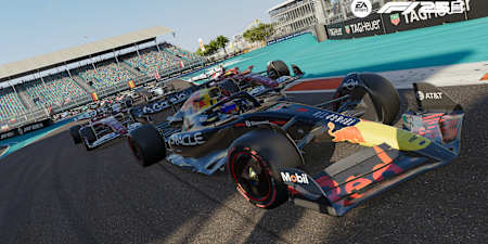 Max Verstappen de l'écurie Red Bull Racing roule au volant de sa monoplace lors du Grand Prix de Miami de Formule 1 dans le jeu F1 25.